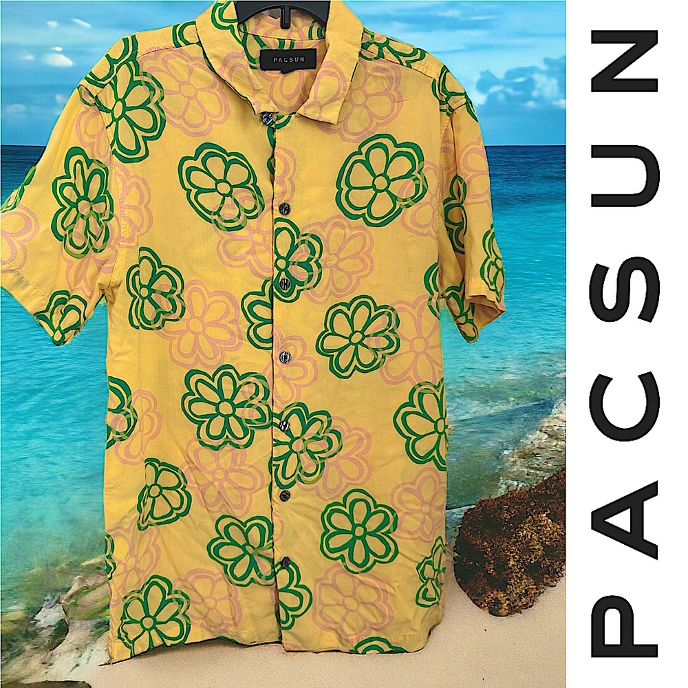 PACSUN SUMMER BUTTON DOWN SHIRT. REGULAR FIT. 100% SOFT RAYON. EXCELLENT COND.